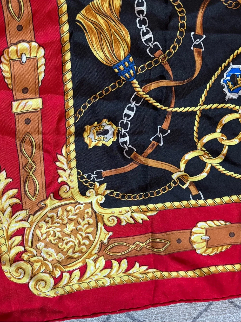Equestrian Baroque Chain & Belt Silk Scarf — Red, Black, Gold